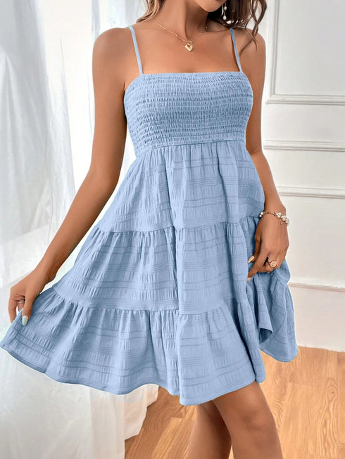 Smocked Tiered Sleeveless Mini Dress - Odaingerous